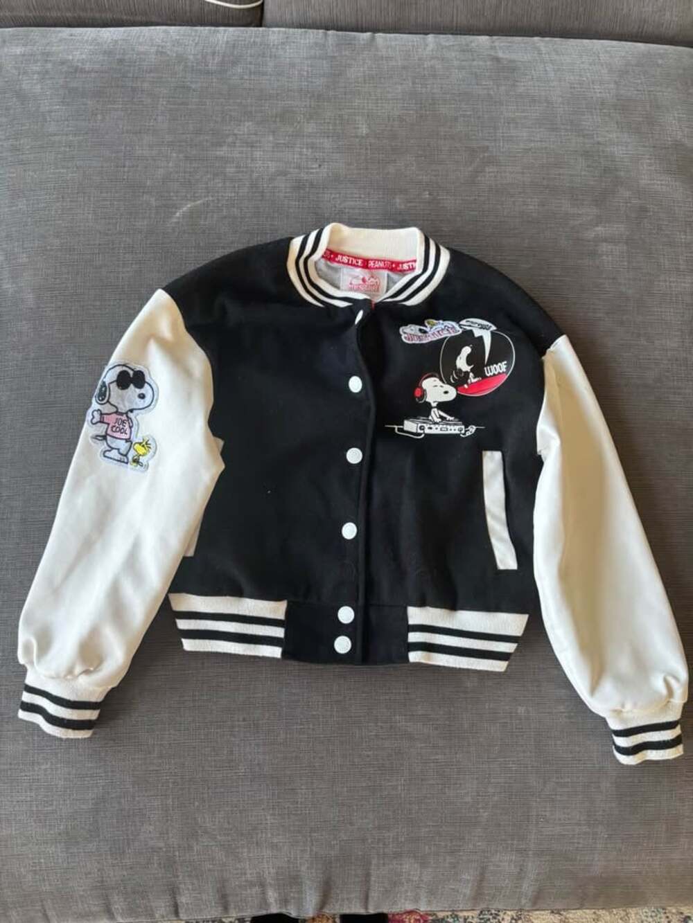 Justice x Peanuts Snoopy Joe Cool Varsity Style Jacket XS White and Black